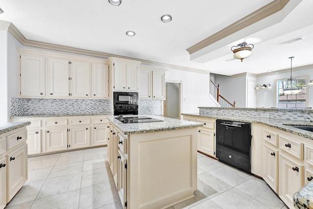 kitchen featuring marble finish floor, visible vents, backsplash, and black appliances