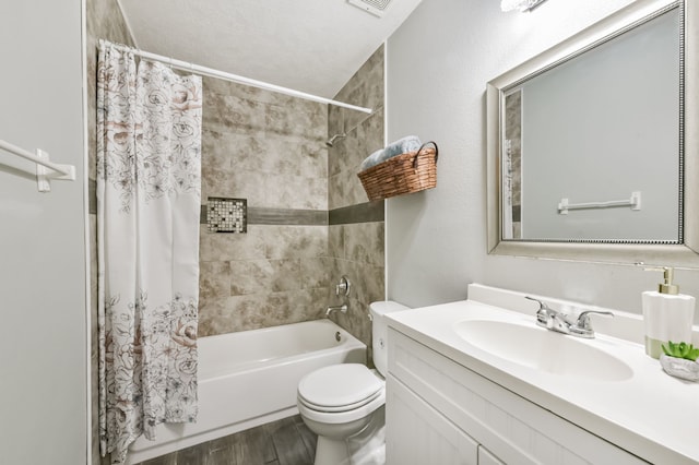 27806 Red Fox Rd, Tomball, TX 77377 - bathroom with shower / bath combination with curtain, wood finished floors, vanity, and toilet