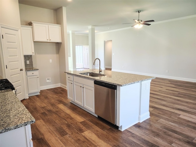 kitchen featuring white cabinetry, a ceiling fan, light stone countertops, dishwasher, and a sink