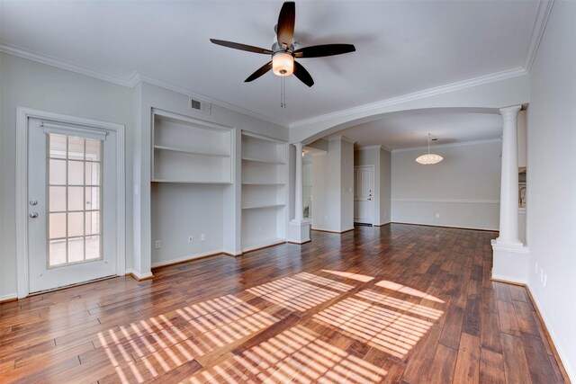 2111 Welch St Unit A107, Houston, TX 77019 - unfurnished living room with decorative columns, ceiling fan, ornamental molding, arched walkways, and wood finished floors