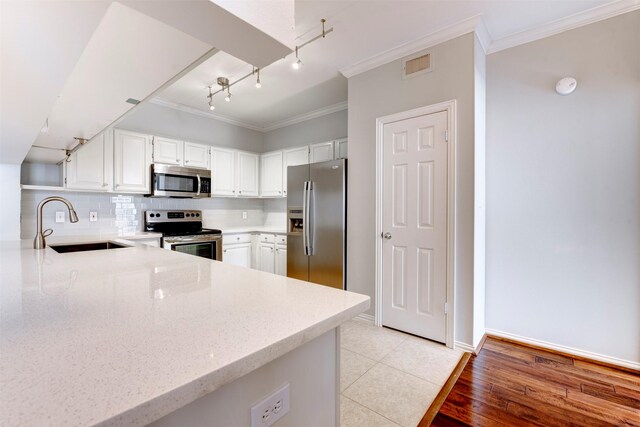 2111 Welch St Unit A107, Houston, TX 77019 - kitchen featuring stainless steel appliances, a sink, crown molding, rail lighting, and light stone countertops