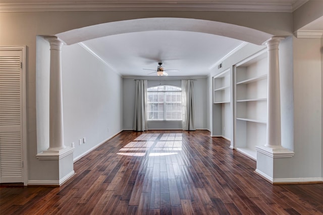 2111 Welch St Unit A107, Houston, TX 77019 - unfurnished living room featuring ornate columns, a ceiling fan, dark wood-style flooring, and ornamental molding
