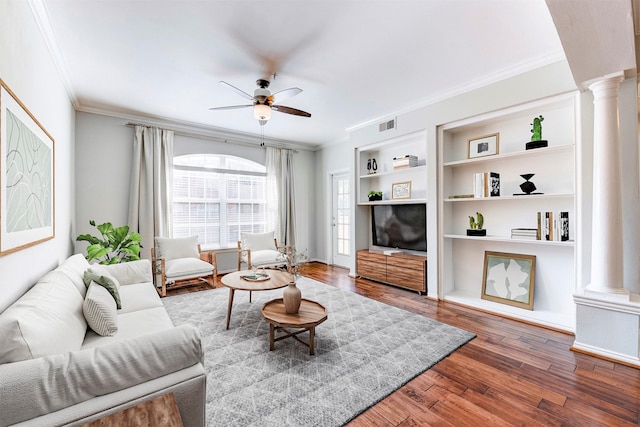 2111 Welch St Unit A107, Houston, TX 77019 - living area with decorative columns, ceiling fan, crown molding, wood finished floors, and built in features