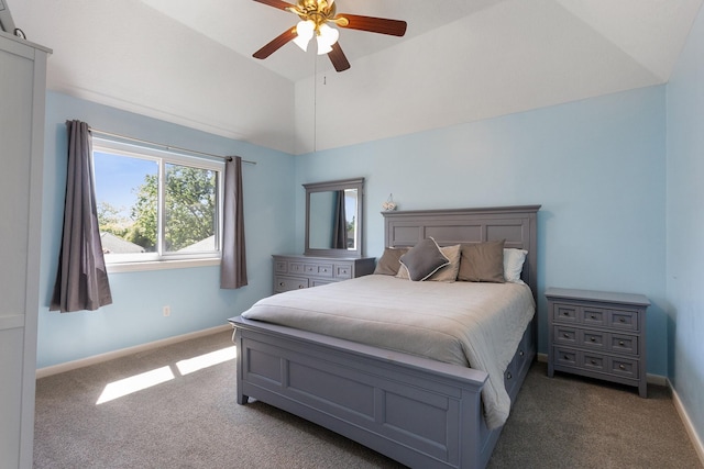bedroom featuring baseboards, ceiling fan, carpet, and vaulted ceiling