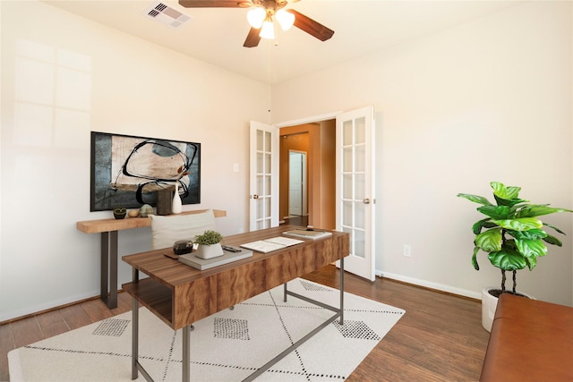 2451 Porto Way, League City, TX 77573 - office area with baseboards, french doors, visible vents, ceiling fan, and wood finished floors