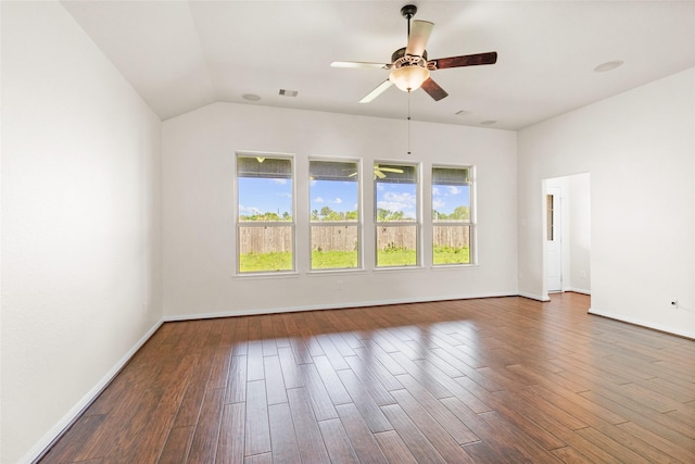 2451 Porto Way, League City, TX 77573 - unfurnished room featuring a ceiling fan, visible vents, wood finished floors, lofted ceiling, and baseboards