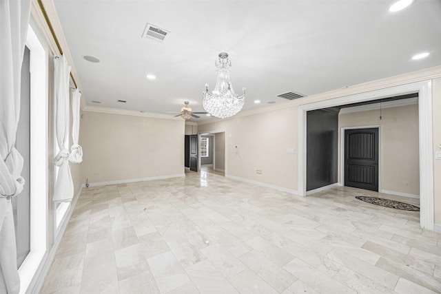 509 Joan Of Arc Dr, Hempstead, TX 77445 - spare room featuring a chandelier, ceiling fan, ornamental molding, recessed lighting, and baseboards