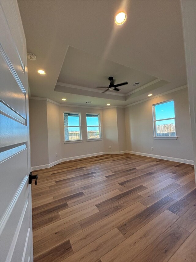 5398 Kyla Cir, Katy, TX 77493 - empty room featuring ornamental molding, a raised ceiling, wood finished floors, and a healthy amount of sunlight