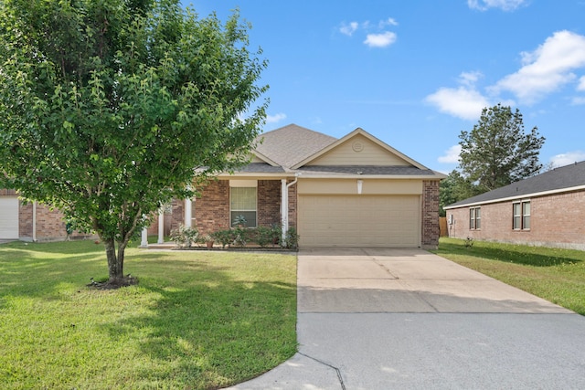 view of front of property featuring a shingled roof, a front lawn, concrete driveway, an attached garage, and brick siding