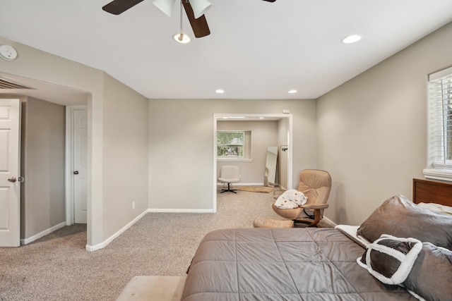 bedroom featuring visible vents, baseboards, ceiling fan, recessed lighting, and carpet
