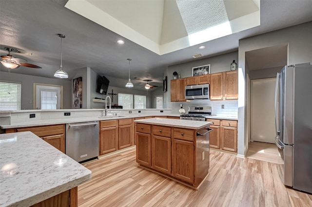 kitchen featuring light wood-style flooring, a ceiling fan, a sink, and appliances with stainless steel finishes