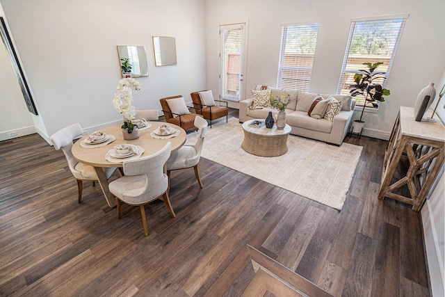 dining area featuring dark wood-style floors and baseboards