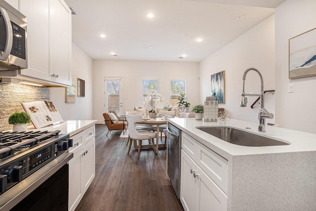 kitchen featuring a sink, stainless steel appliances, recessed lighting, dark wood finished floors, and tasteful backsplash