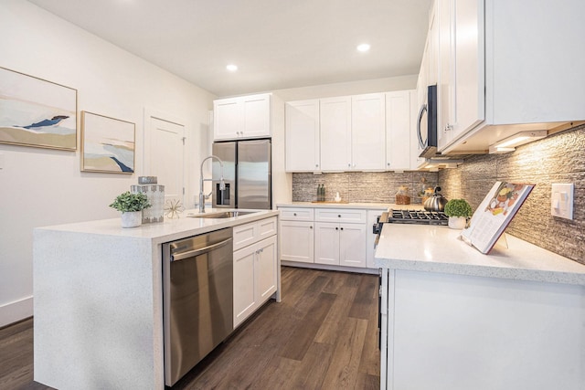 kitchen featuring appliances with stainless steel finishes, dark wood finished floors, a sink, decorative backsplash, and recessed lighting