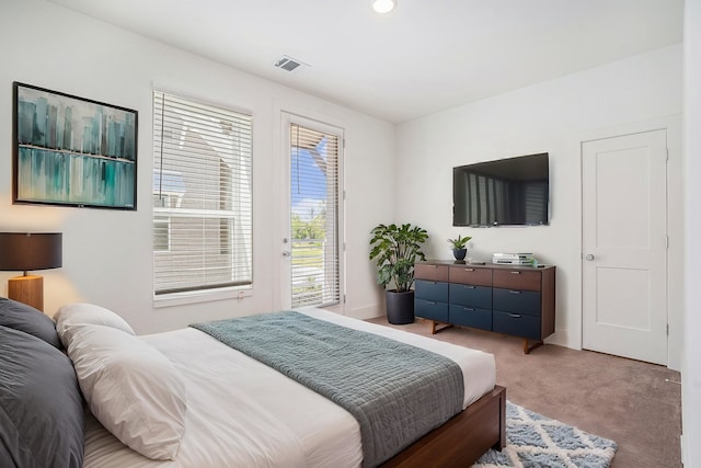 bedroom featuring light colored carpet, access to exterior, and baseboards