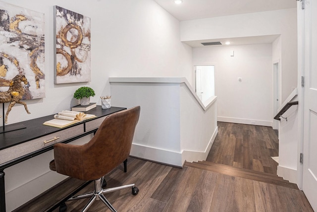 office space featuring wood finished floors, baseboards, and recessed lighting