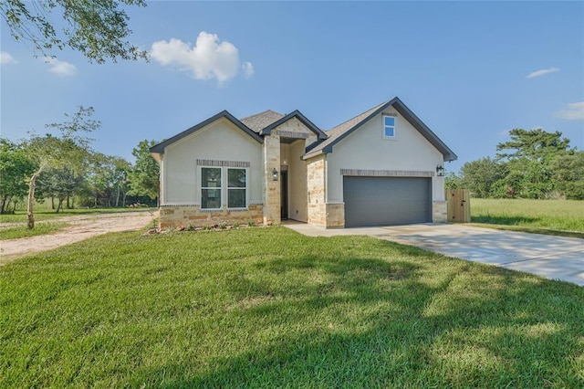 620 Lily St, Waller, TX 77484 - single story home with a front yard, an attached garage, stone siding, concrete driveway, and stucco siding