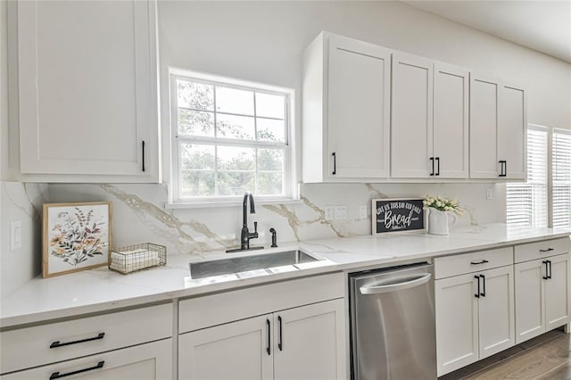 620 Lily St, Waller, TX 77484 - kitchen featuring light stone countertops, dishwasher, white cabinetry, and a sink