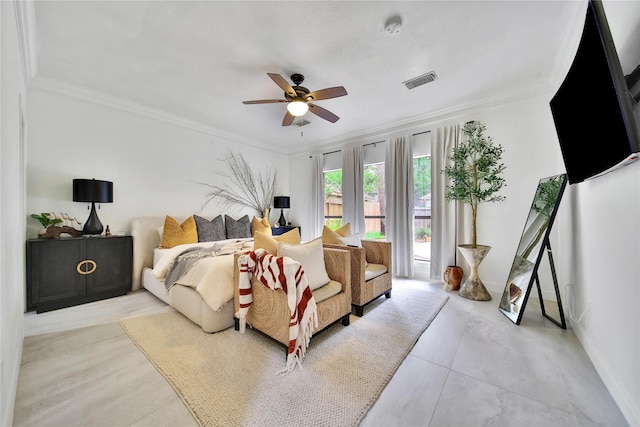 bedroom featuring crown molding, baseboards, a ceiling fan, and visible vents