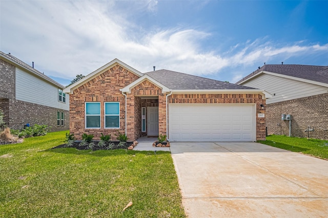 22607 Rising Rosehill Ln, Tomball, TX 77377 - view of front facade with a garage, a front yard, driveway, brick siding, and roof with shingles
