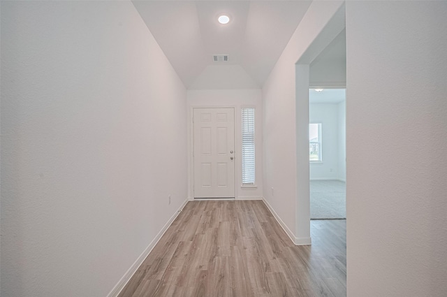 22607 Rising Rosehill Ln, Tomball, TX 77377 - hall featuring light wood-style flooring, baseboards, and lofted ceiling