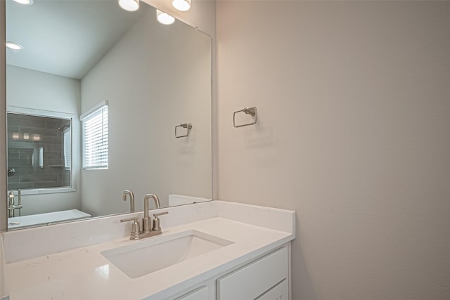 bathroom with a shower and vanity