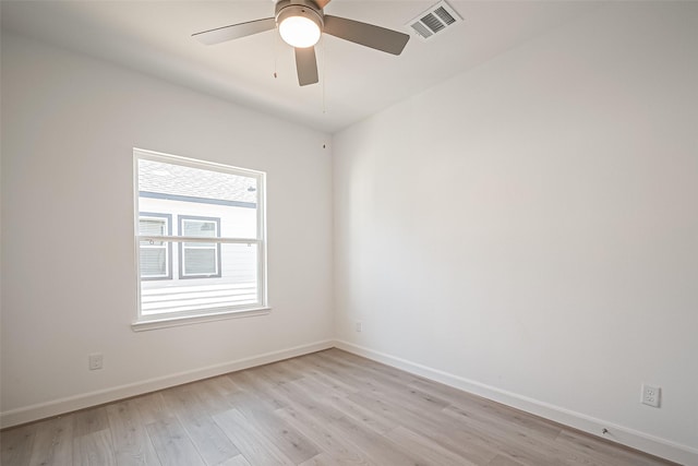 unfurnished room featuring visible vents, baseboards, light wood finished floors, and a ceiling fan