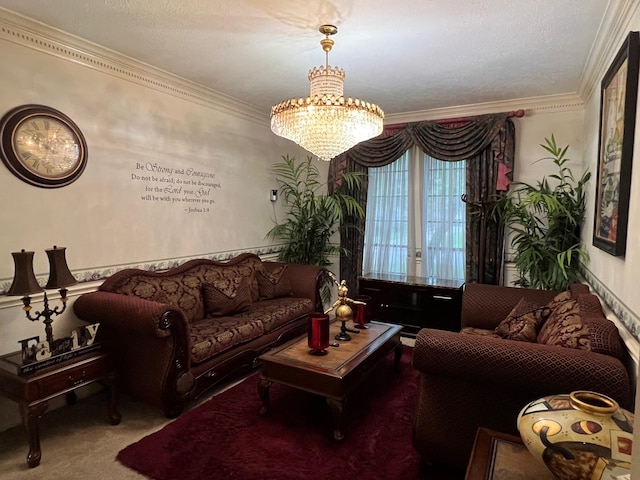 3226 Blackcastle Dr, Houston, TX 77068 - living area with ornamental molding, carpet flooring, and a notable chandelier