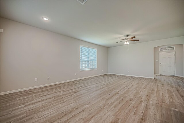 2203 Manila, Texas City, TX 77568 - empty room featuring light wood finished floors, baseboards, a ceiling fan, and recessed lighting