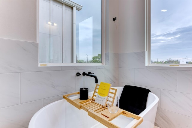 bathroom with a freestanding tub and a healthy amount of sunlight