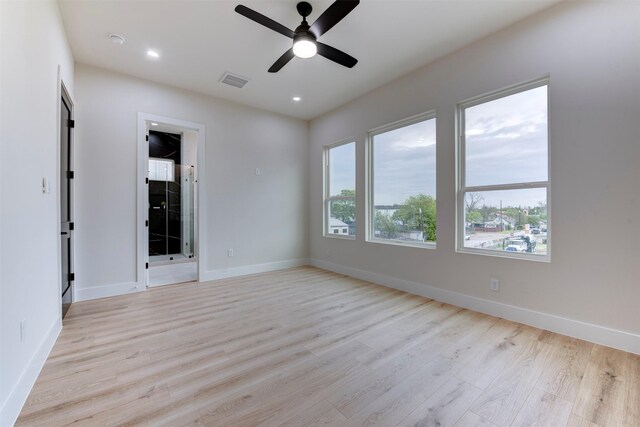unfurnished room featuring visible vents, baseboards, a ceiling fan, light wood finished floors, and recessed lighting