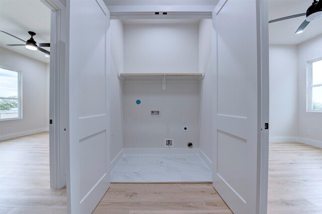 laundry area featuring a ceiling fan, electric dryer hookup, laundry area, and washer hookup