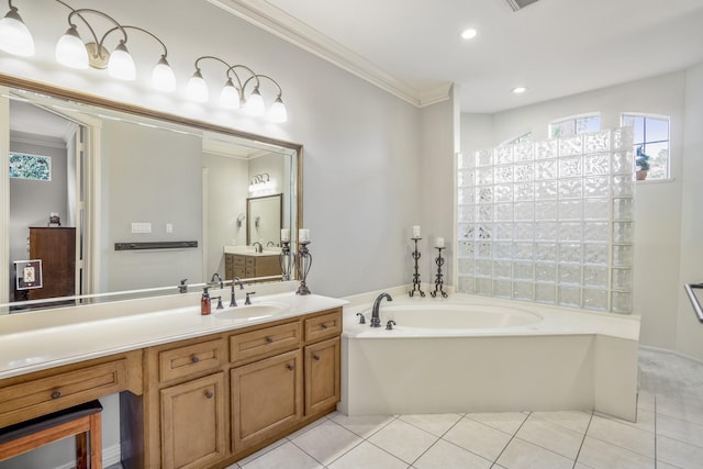 full bath with tile patterned floors, recessed lighting, crown molding, a garden tub, and vanity