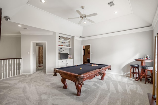 rec room featuring visible vents, crown molding, baseboards, and light colored carpet