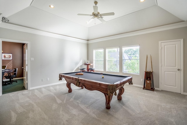 playroom with carpet floors, pool table, baseboards, and ceiling fan