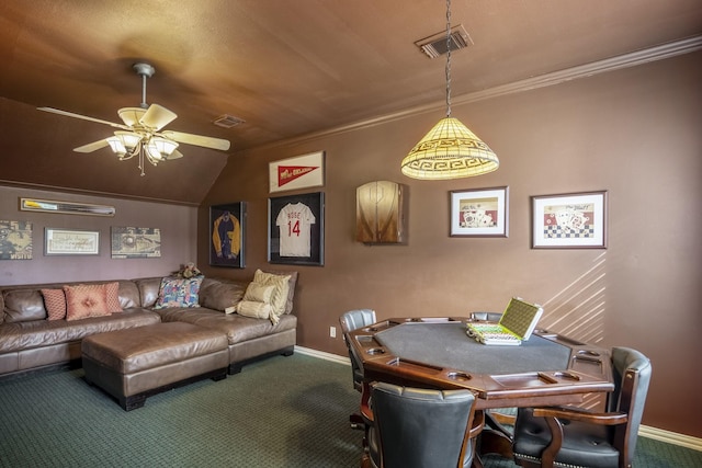 dining area with baseboards, a ceiling fan, carpet flooring, and visible vents
