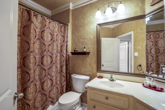 bathroom with a textured wall, toilet, vanity, and ornamental molding