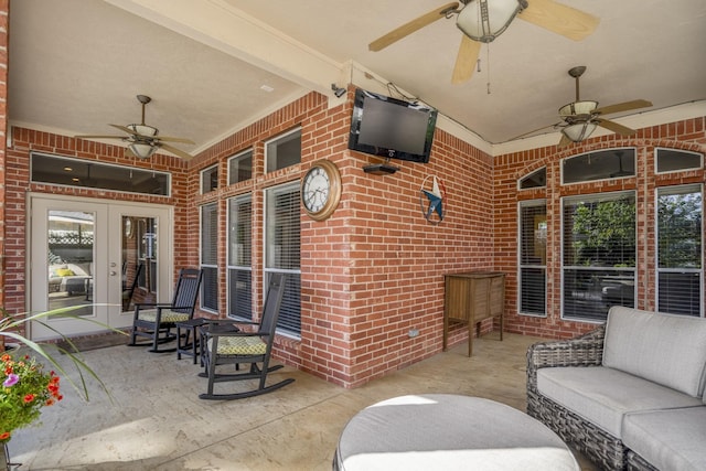 view of patio featuring an outdoor hangout area, french doors, and ceiling fan