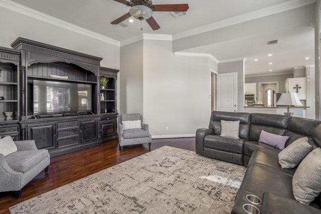 living area with visible vents, a ceiling fan, baseboards, and dark wood-style flooring