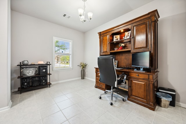 home office with baseboards, light tile patterned flooring, visible vents, and an inviting chandelier