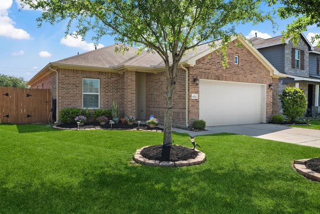 view of front of property with concrete driveway, a front lawn, brick siding, and a garage