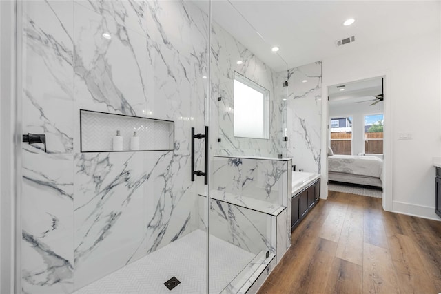 3314 Arbor, Houston, TX 77004 - full bathroom featuring connected bathroom, a marble finish shower, wood finished floors, recessed lighting, and a ceiling fan