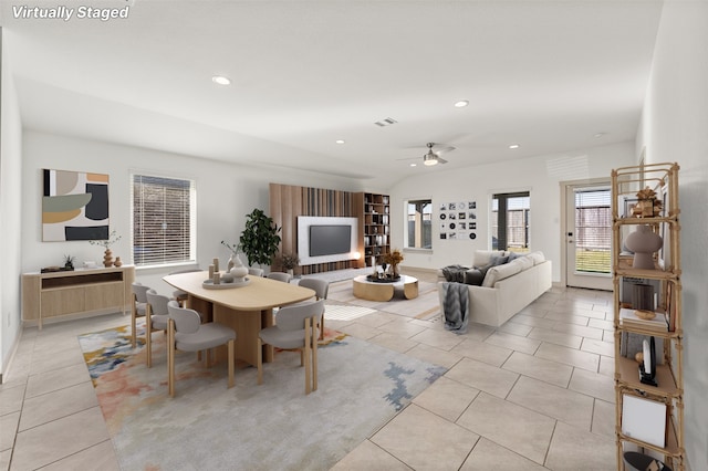 29607 Ella Larchmont Ct, Katy, TX 77494 - living area featuring recessed lighting, light tile patterned floors, and a ceiling fan