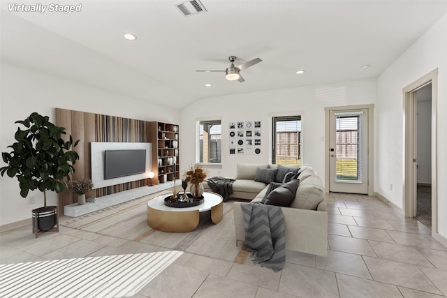 29607 Ella Larchmont Ct, Katy, TX 77494 - living room featuring recessed lighting, a ceiling fan, visible vents, and plenty of natural light