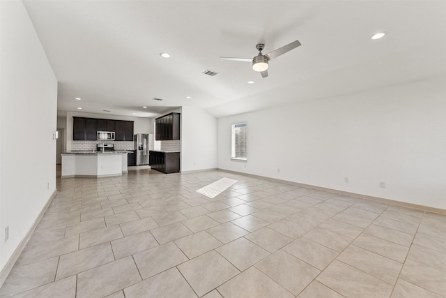 29607 Ella Larchmont Ct, Katy, TX 77494 - unfurnished living room featuring ceiling fan, baseboards, visible vents, and recessed lighting