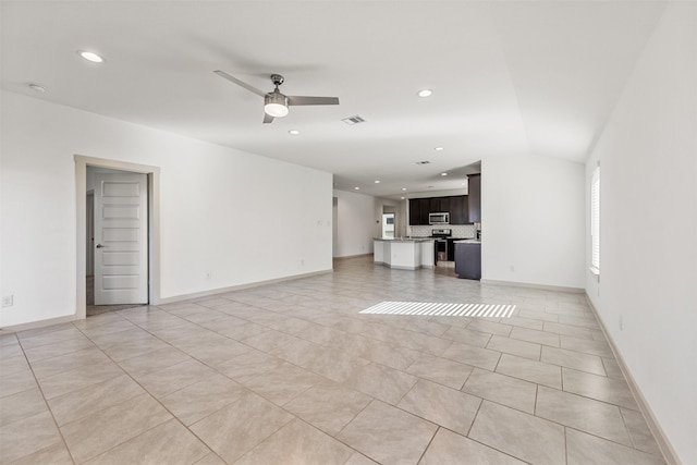 29607 Ella Larchmont Ct, Katy, TX 77494 - unfurnished living room with light tile patterned flooring, ceiling fan, visible vents, and recessed lighting