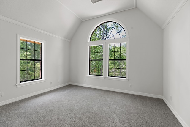 empty room featuring baseboards, ornamental molding, vaulted ceiling, and carpet floors
