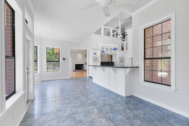 kitchen with ceiling fan, baseboards, and ornamental molding