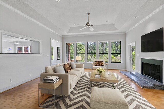 living area with a tray ceiling, ceiling fan, a fireplace with raised hearth, and hardwood / wood-style floors