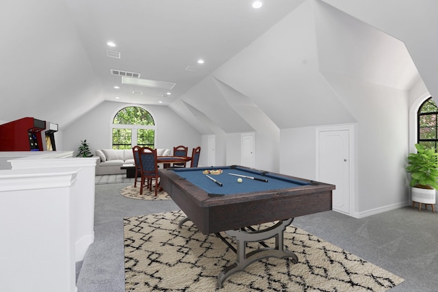 rec room with visible vents, recessed lighting, carpet flooring, pool table, and lofted ceiling